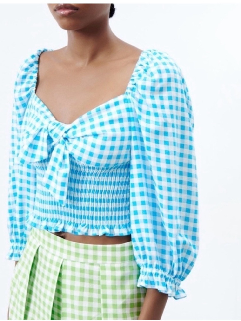 Zara NWOTs Blue Gingham Tie-Front Puff Sleeve Crop Top small